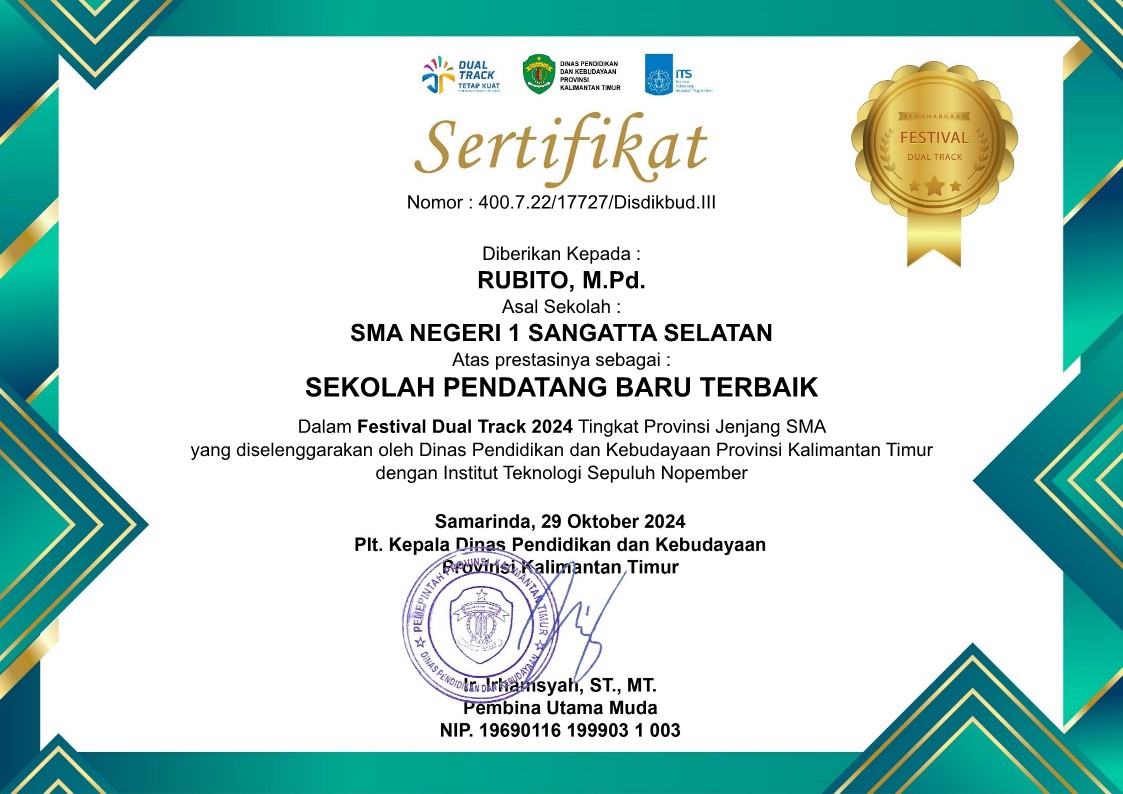 Sertifikat Juara 1 Dual Track SMAN 1 Sangatta Selatan